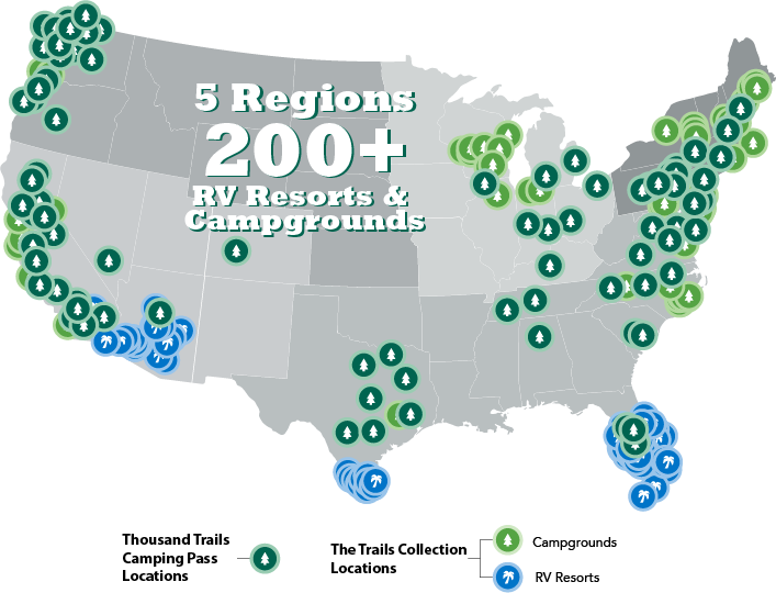 A map of the US with a legend depicting all RV resort locations